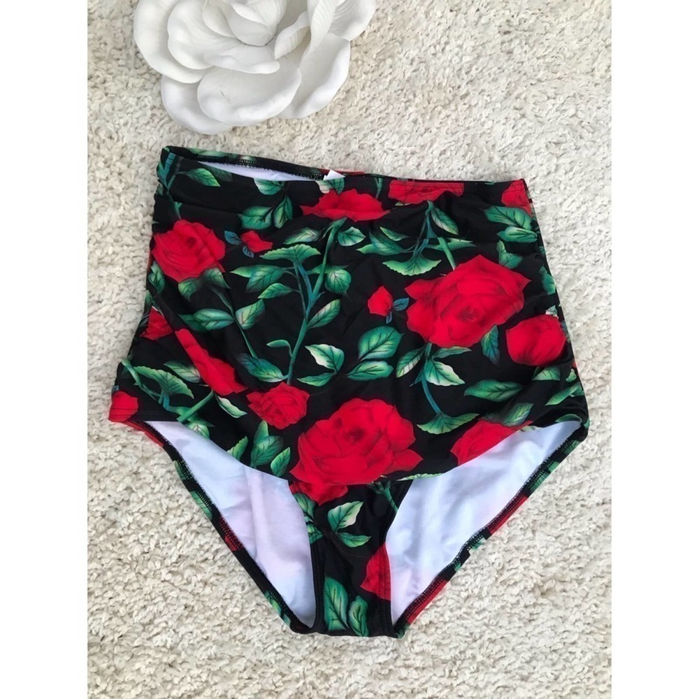 Black and red floral bikini bottom